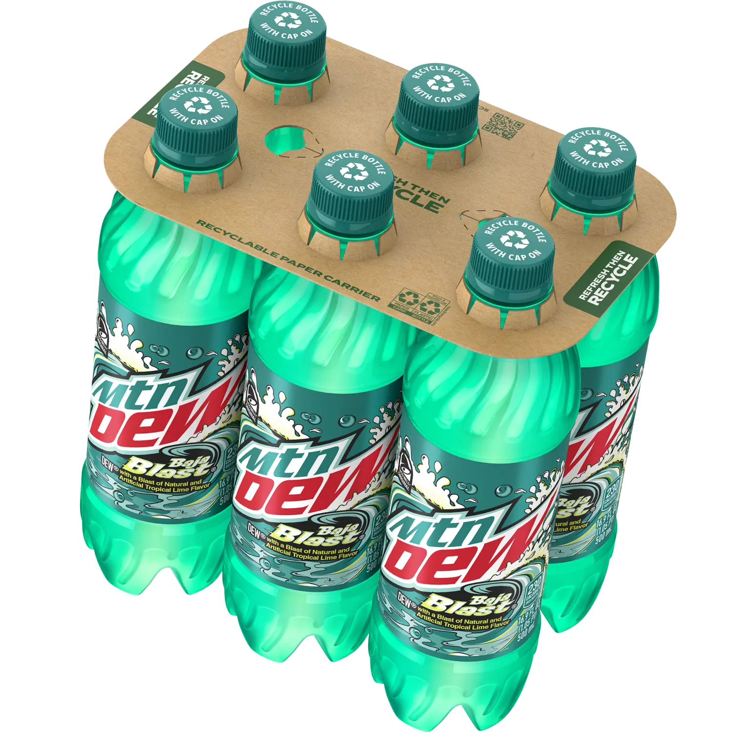 6 pack of Mtn Dew Baja Blast bottles with a recyclable paper carrier