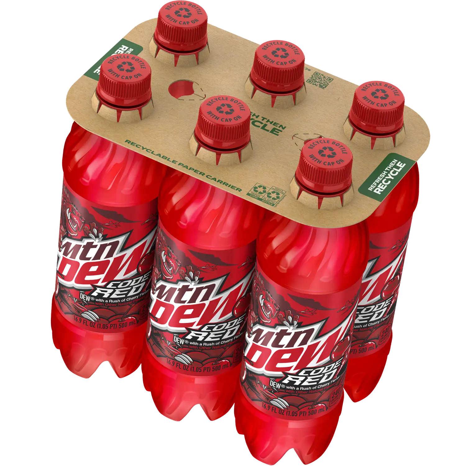 6 pack of Mtn Dew Code Red bottles with a recyclable paper carrier