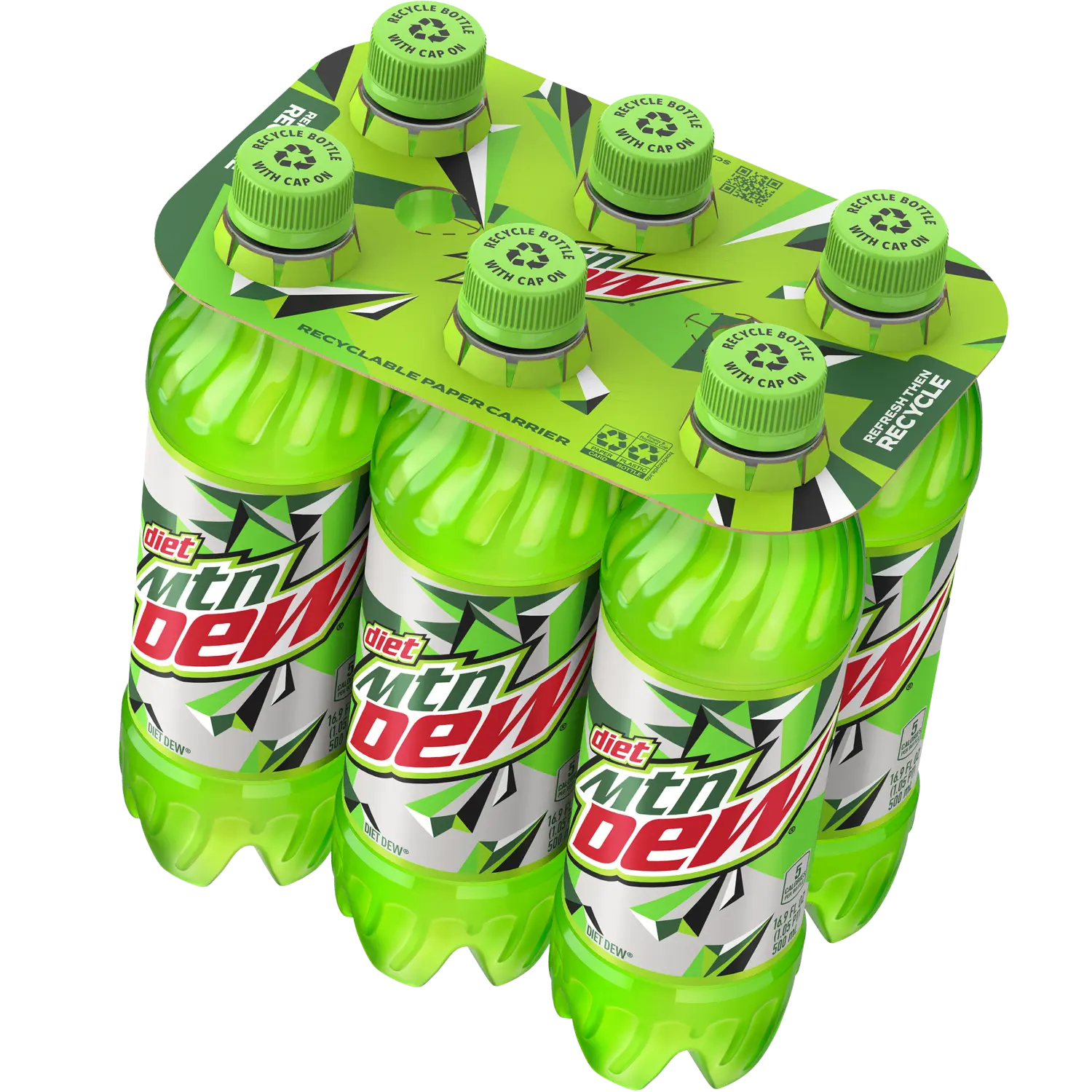 6 pack of Diet Mtn Dew bottles with a recyclable paper carrier