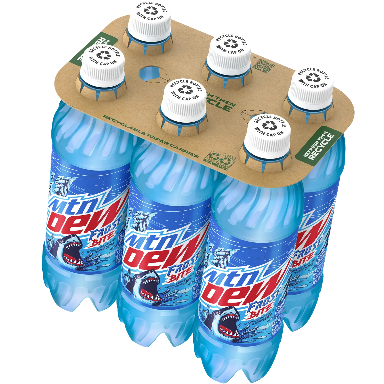 6 pack of Mtn Dew Frostbite bottles with a recyclable paper carrier