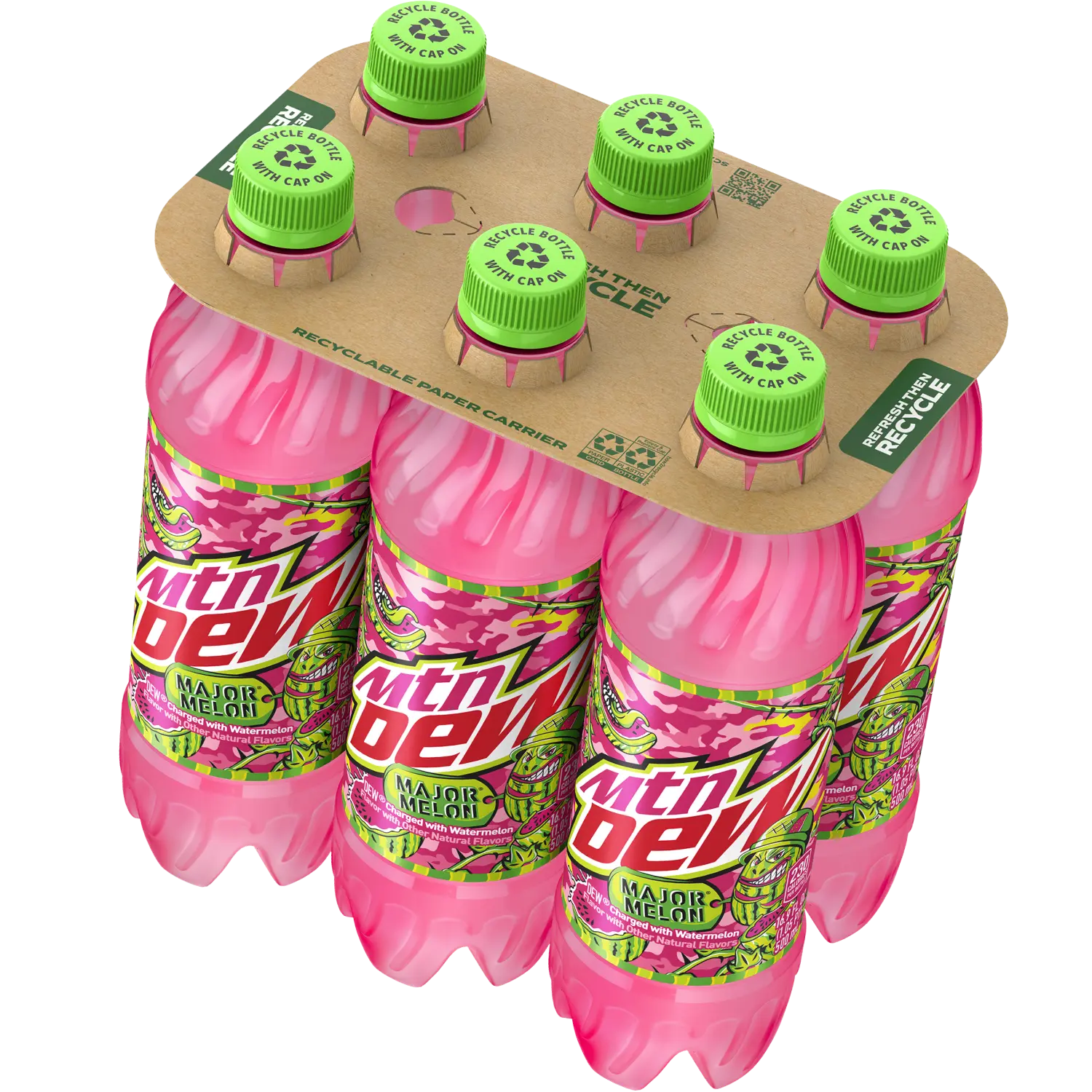 6 pack of Mtn Dew Major Melon bottles with a recyclable paper carrier