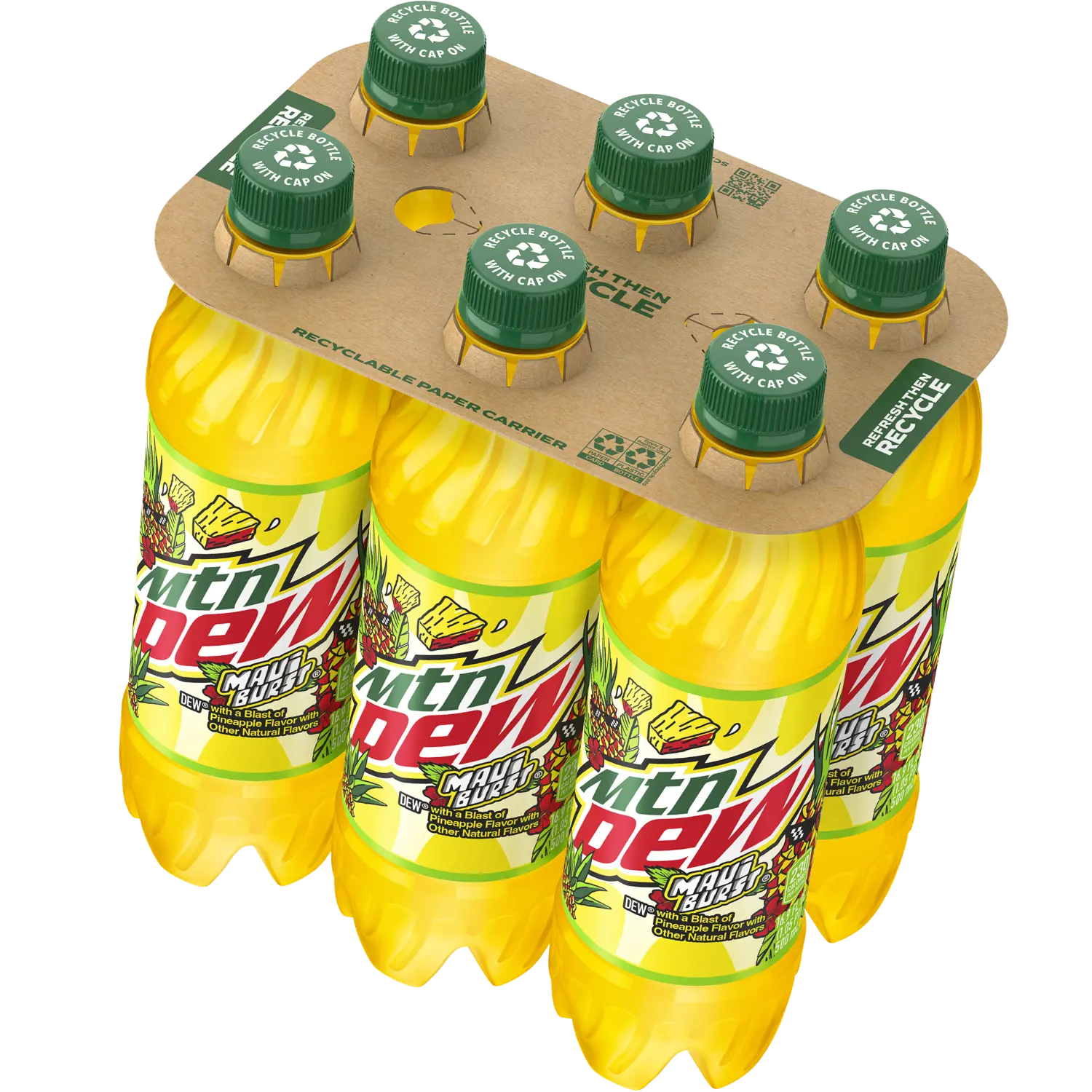 6 pack of Mtn Dew Maui Burst bottles with a recyclable paper carrier