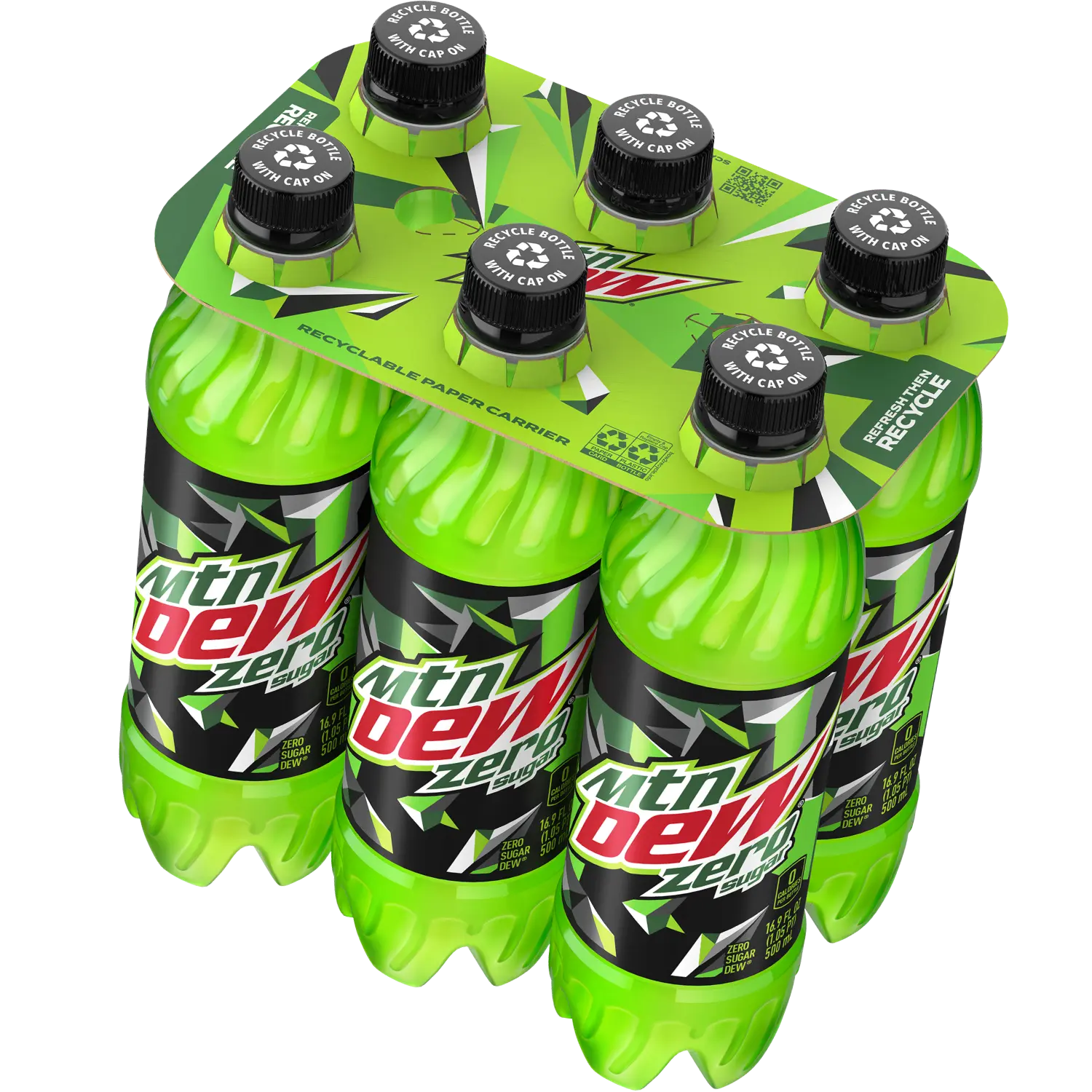 6 pack of Mtn Dew Zero Sugar bottles with a recyclable paper carrier