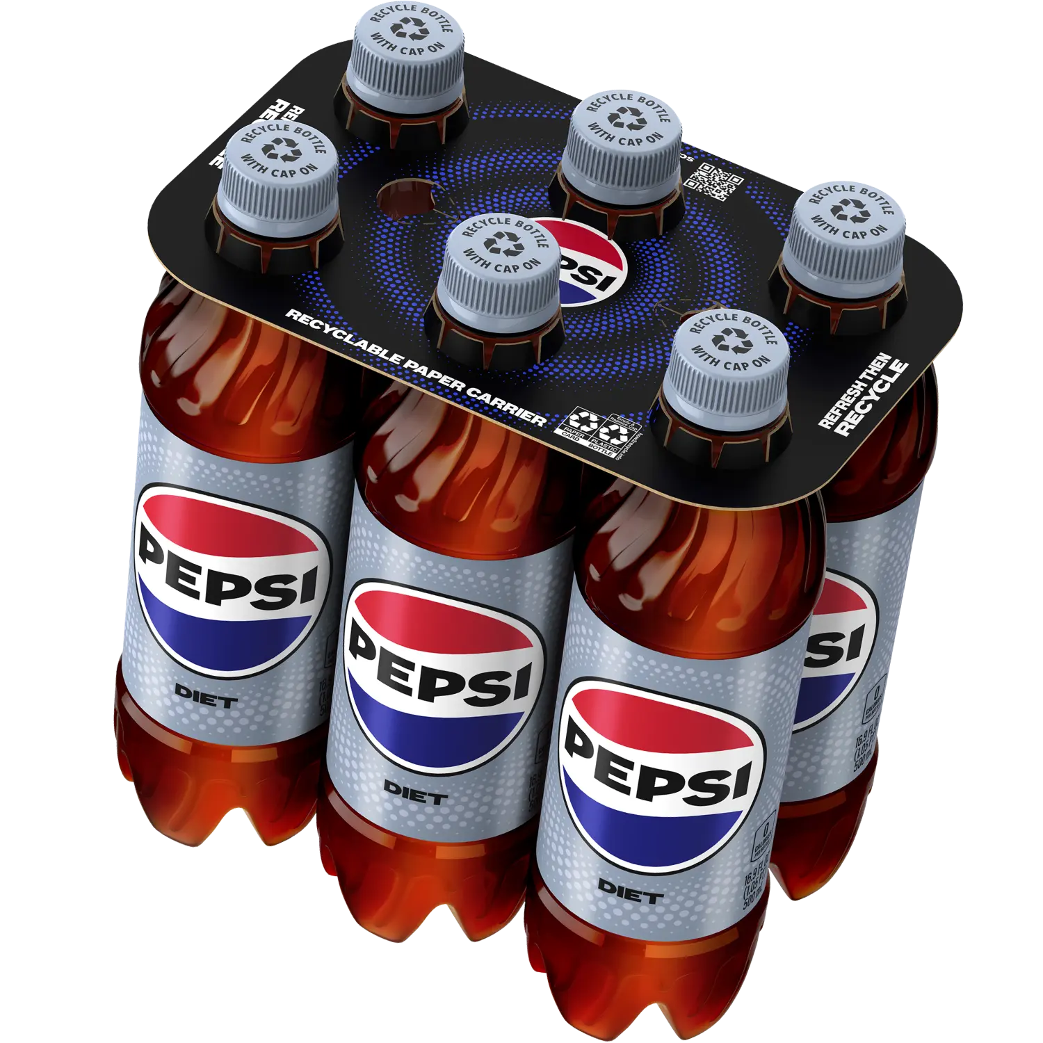 6 pack of Diet Pepsi bottles with a recyclable paper carrier