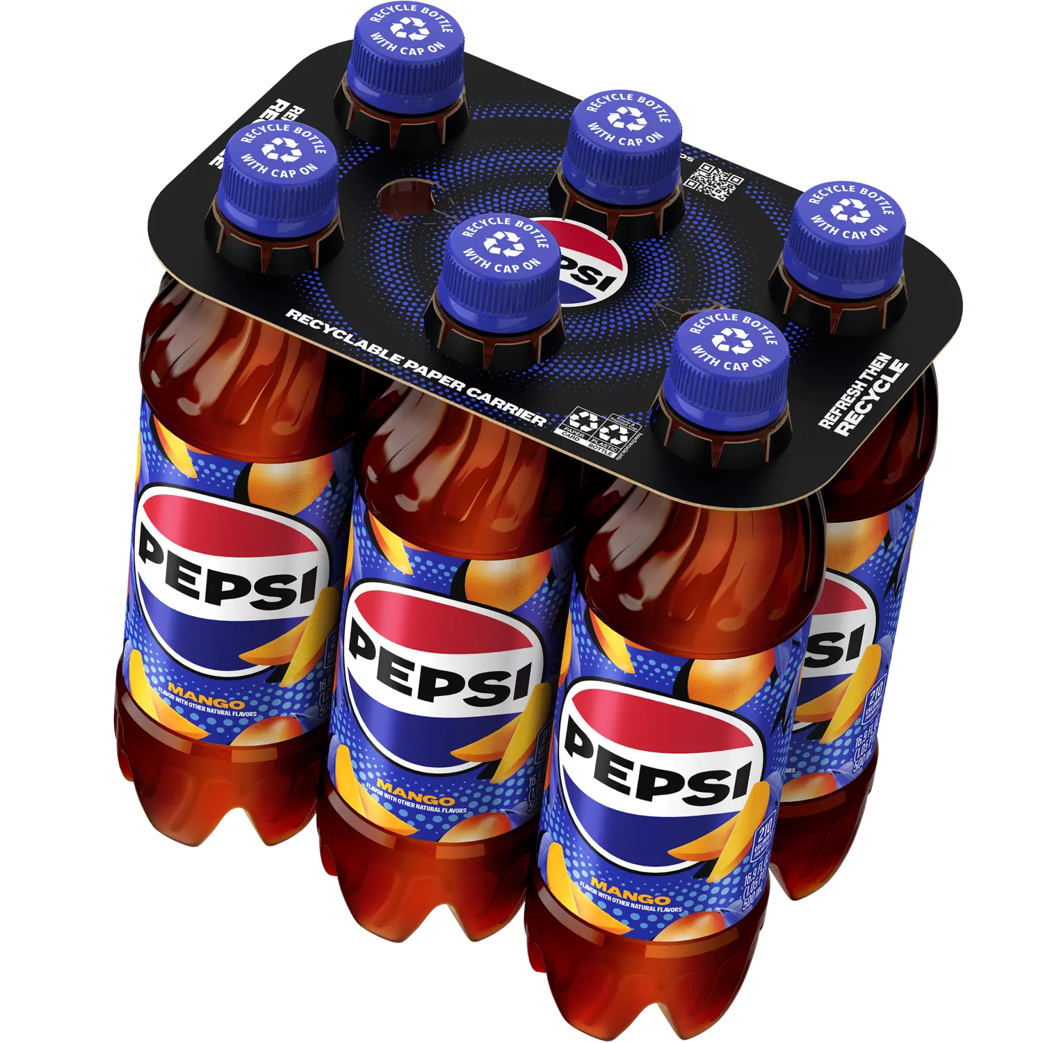 6 pack of Pepsi Mango bottles with a recyclable paper carrier