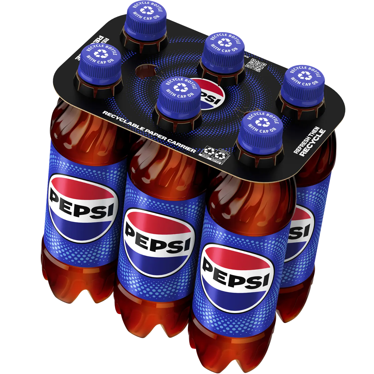 6 pack of Pepsi bottles with a recyclable paper carrier