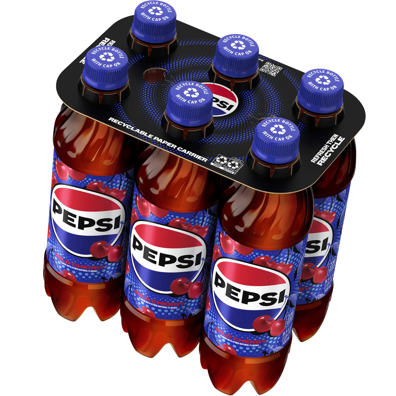 6 pack of Wild Cherry Pepsi bottles with a recyclable paper carrier