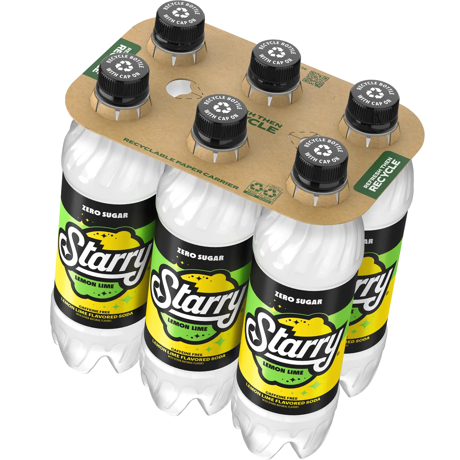 6 pack of Starry Zero Sugar bottles with a recyclable paper carrier